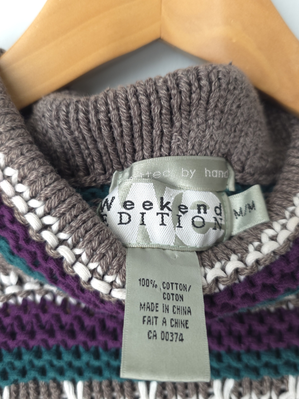 Weekend Edition Hand Knit Cotton Striped Mock Neck Sweater Size M Teal Purple - Picture 5 of 9